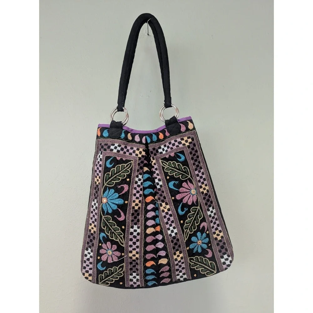 Black Floral Embroidered Cotton Tote‎ India Boho Hippie Shoulder Bag